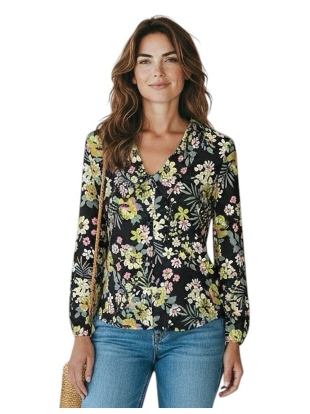 Walter Baker Black Floral V-Neck Long Sleeve button up Blouse
